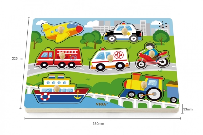 Drewniane puzzle dźwiękowe z motywem środków transportu Viga