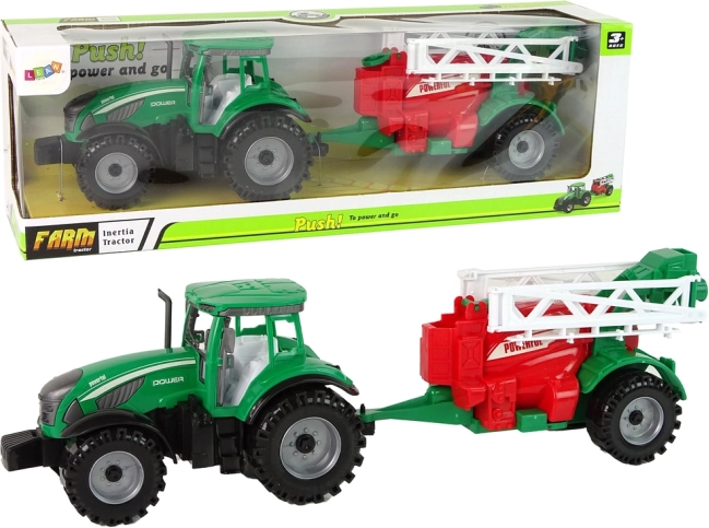 zielony traktor z czerwono‑zielonym opryskiwaczem z napędem ciernym