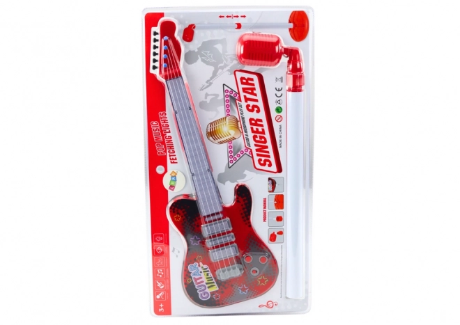 Elektryczna gitara ze stojakiem i mikrofonem na baterie, czerwona