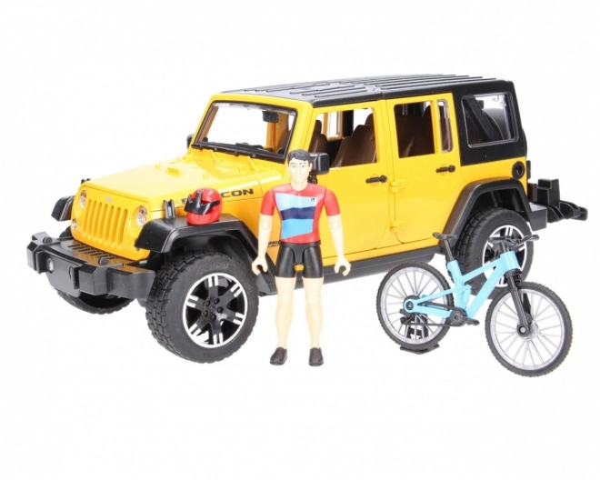 Bruder Jeep Wrangler Rubicon z rowerzystą i rowerem