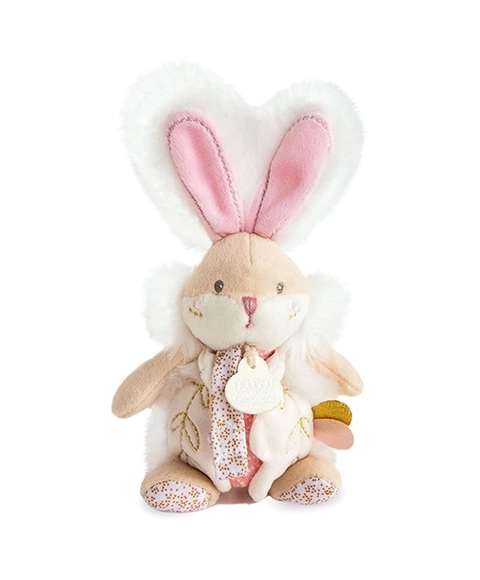 Doudou Zabawka króliczek z grzechotką i uchwytem na smoczek 21 cm – różowa
