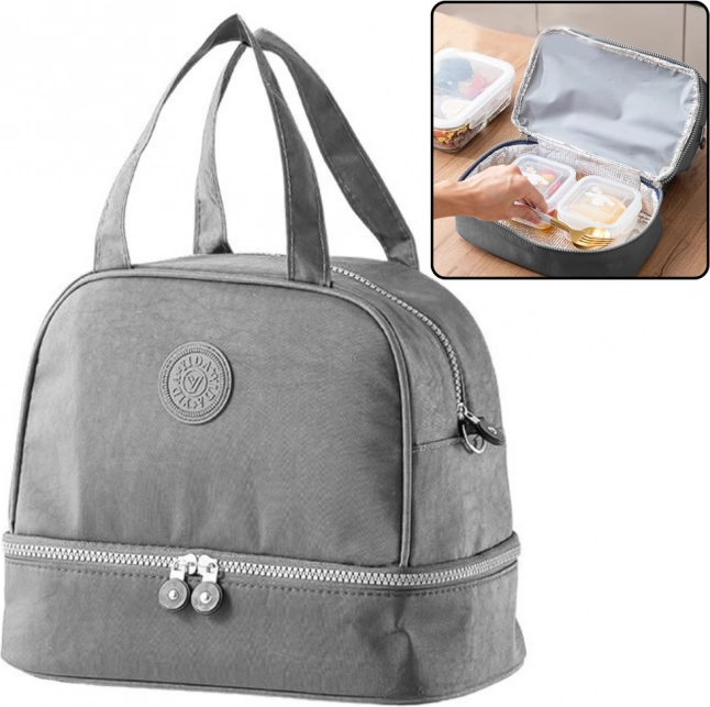 Szara torba termiczna na lunch z regulowanym paskiem 27 cm