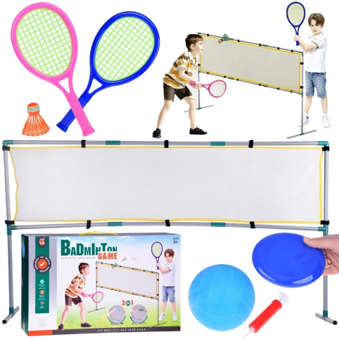 Zestaw sportowy 3w1: Siatka do siatkówki, zestaw do badmintona, latający dysk