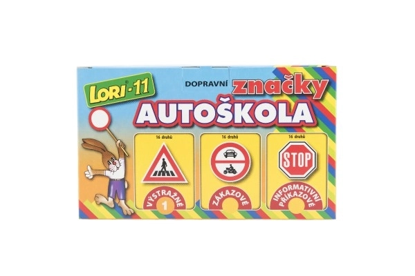 Zestaw LORI 11 Szkoła jazdy znaki drogowe 16szt+2 pachołki+auto plastikowe w pudełku 22x13x6cm