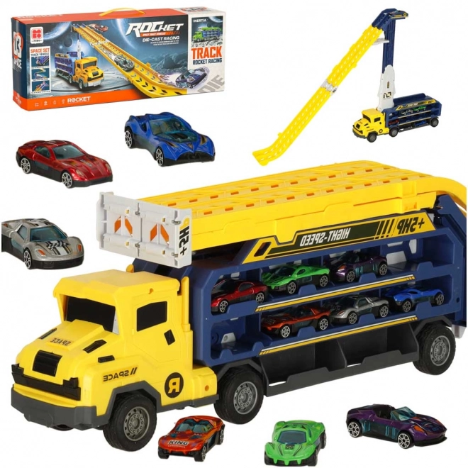 Żółty tor wyścigowy z transporterem - 6 części