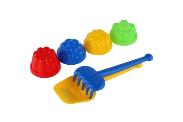 Zestaw do piasku plastik łopatka, grabki, 4 sztuki foremki w siateczce