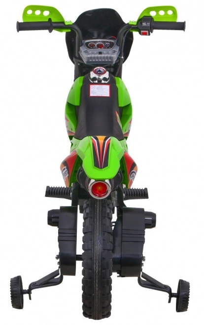 Dziecięcy elektryczny motocykl cross na akumulator – zielony, z kółkami pomocniczymi i światłami LED