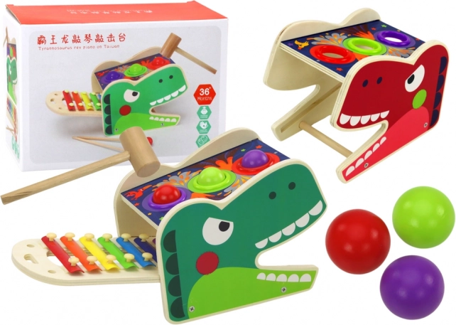 Drewniany dinozaur 2w1 – gra do wbijania kulek i ksylofon