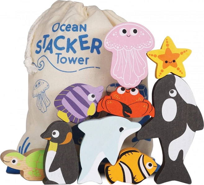 Le Toy Van Petilou wieża do układania ocean – drewniany zestaw 9 elementów