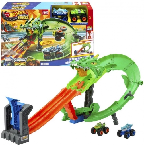 Hot Wheels Monster Trucks Smoczy wyścig – zestaw toru z podwójną wyrzutnią i 2 autami