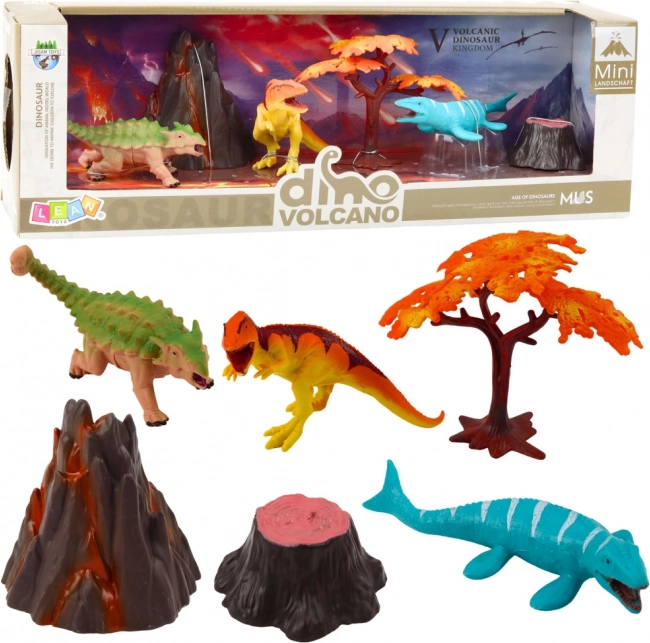 Zestaw realistycznych figurek dinozaurów z wulkanem i drzewem