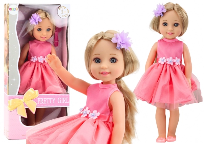 Długie włosy dla lalek Różowa sukienka Clip Brush 38cm