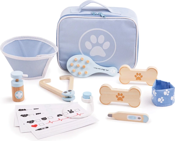 Bigjigs Toys zestaw weterynaryjny dla dzieci – drewniany zestaw dla zwierzątek, 12 szt.