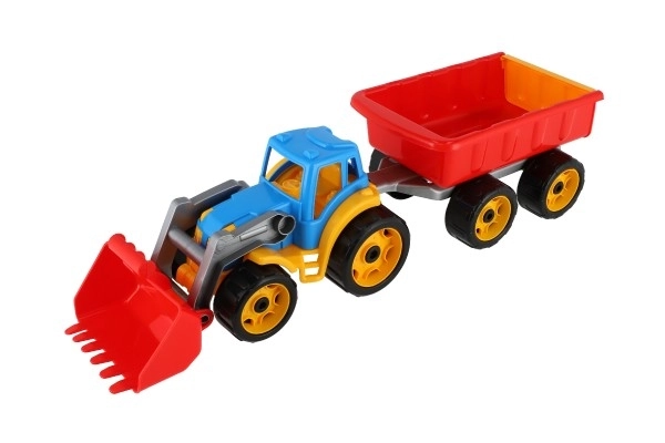 Traktor/ładowarka/koparka z przyczepą z plastikową łyżką na wolnym biegu 2 kolory w siatce 16x61x16cm