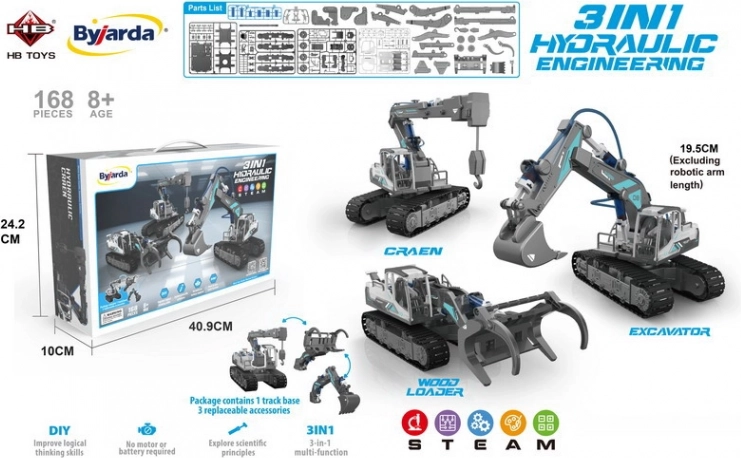 Zestaw konstrukcyjny 3w1 hydrauliczne maszyny budowlane dla dzieci 8+, 168 elementów