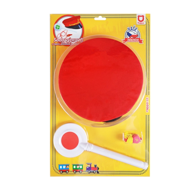 Zestaw kolejarski tkanina/plastik czapka, paletka, gwizdek na karcie 30x48x8cm