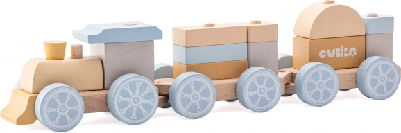 Cubika pastelowy tęczowy pociąg z dwoma wagonami – drewniana układanka 15 elementów
