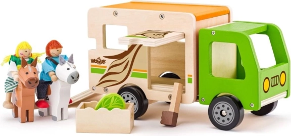 Drewniany transporter koni z rampą i figurkami
