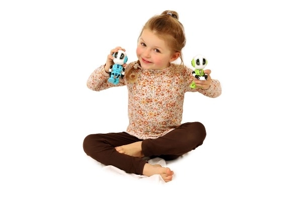 Robot ECHO powtarzający zdania metalowy 12cm niebieski na baterie z dźwiękiem i światłem w pudełku 10,5x15x5,5cm