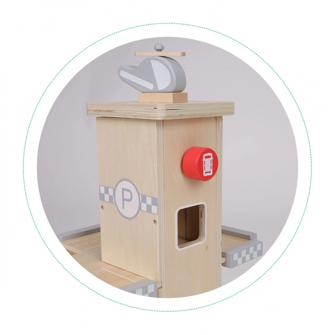 ECOTOYS Duży drewniany garaż z windą i autkami