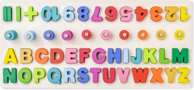 Drewniana edukacyjna tablica z literami i liczbami + symbole matematyczne