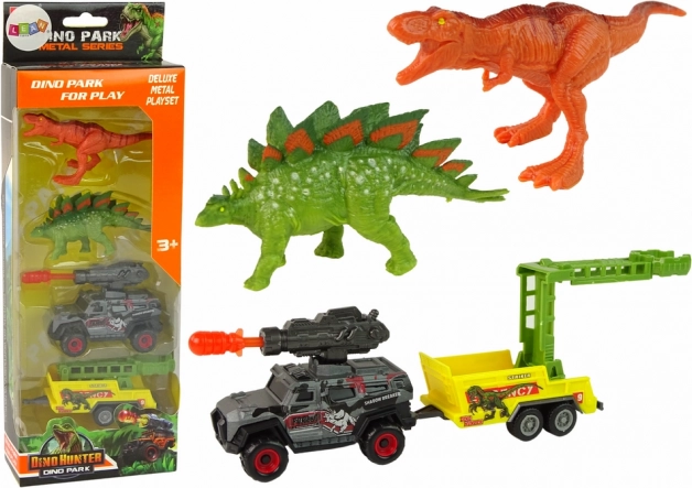 zestaw dinozaurów z autem, wyrzutnią rakiet i przyczepą