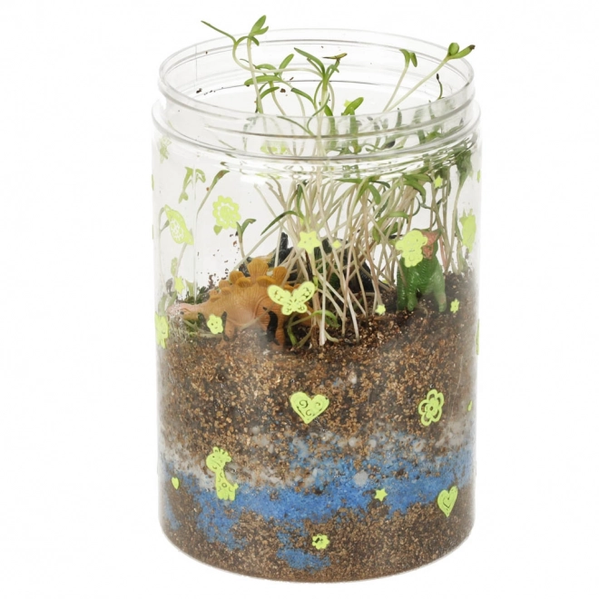 Terrarium do uprawy roślin z lampą LED i dinozaurami