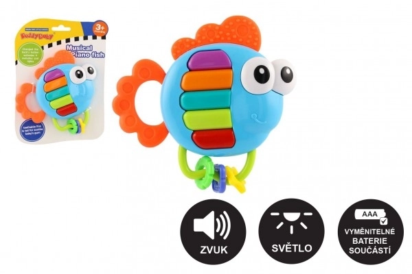 Grzechotka/zgryzak ryba pianinko plastik 14x14cm na baterie z dźwiękiem, światłem na kartce 3m+