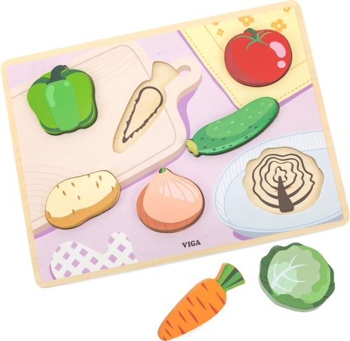 VIGA drewniane puzzle montessori 2w1 – warzywa