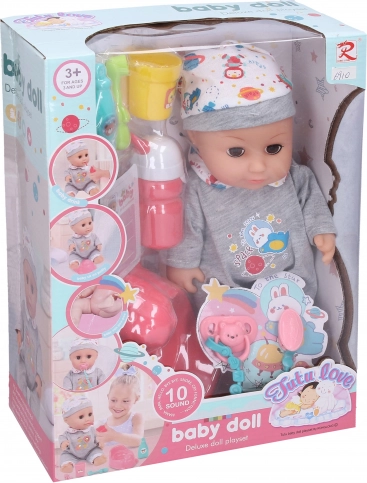 Sikające niemowlę w szarym ubranku 30 cm z dźwiękami