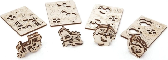 Ugears 3D mechaniczne drewniane puzzle – 4 mechaniczne breloki Symbole charakteru