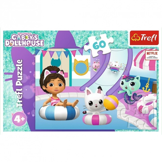 Puzzle 60 elementów Gabby przy basenie Dom Kota Gabi