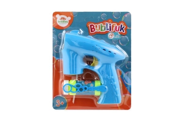 Pistolet na bańki niebieski plastik 13cm + wkład na baterie na karcie