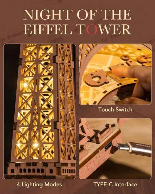 RoboTime 3D Drewniane puzzle Rolife Noc Wieży Eiffla świecące