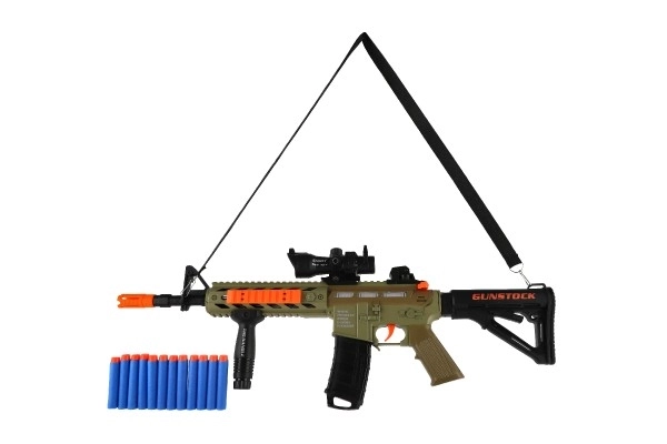 Karabin na piankowe naboje + naboje 12 szt. plastik 60 cm na baterie ze światłem, dźwiękiem w pudełku 65x27x6 cm
