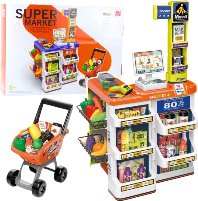 Sklepik dziecięcy z kasą i wózkiem – zestaw supermarket 60 elementów
