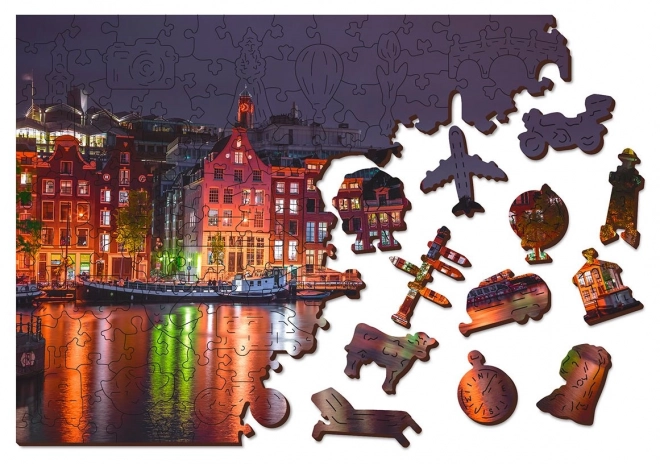 Drewniane puzzle Nocny Amsterdam z unikalnymi elementami