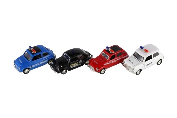 Auto policyjne retro 11cm metal/plastik na napęd wsteczny na baterie ze światłem 4 rodzaje