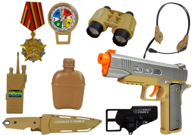 Zestaw wojskowy z akcesoriami Pistolet Nóż Lornetka Słuchawki Gwizdek Krótkofalówka Jasny zielony kolor