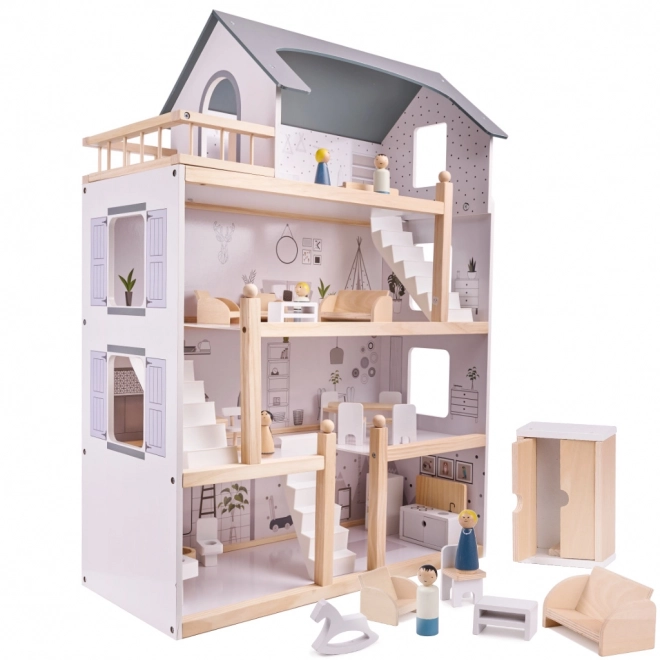 Jasny drewniany domek dla lalek z meblami - 80cm