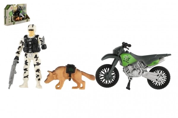 Zestaw wojskowy z plastikowym motocyklem, żołnierzem, psem i akcesoriami w pudełku 23x14x4cm