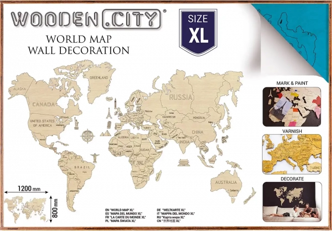 Drewniana mapa świata 3D na ścianę XL – naturalny turkus