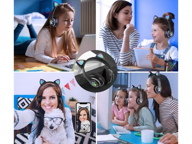 Bezprzewodowe słuchawki bluetooth radio fm mp3 kocie uszy led oświetlenie – czarne
