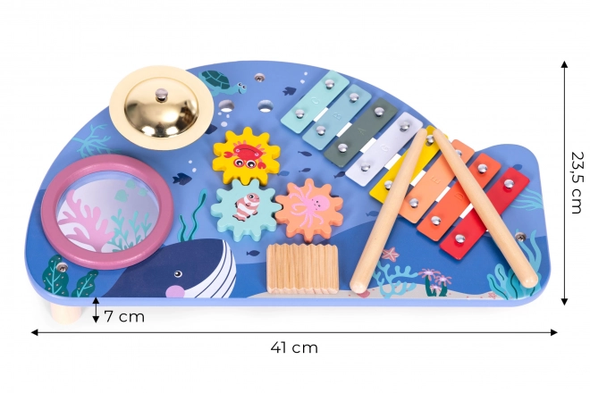 Stoliczek muzyczny z ksylofonem, talerzami, tamburynem i grzechotką świat morski ECOTOYS