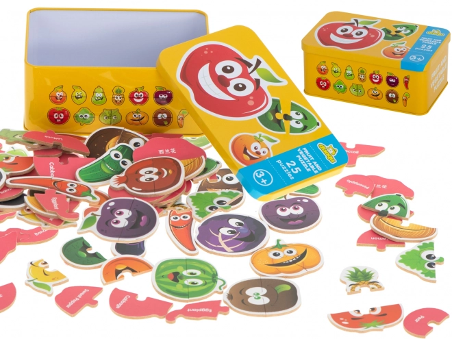 Puzzle z motywami owoców i warzyw w metalowym pudełku