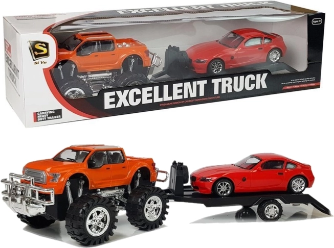 Zestaw pojazdów: pomarańczowy monster truck z lawetą i czerwonym samochodem sportowym 58 cm