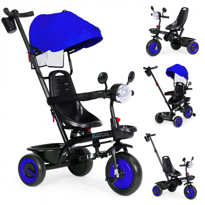 Dziecięcy rowerek trójkołowy 3w1 z obrotowym siedziskiem, daszkiem, niebieski, ECOTOYS