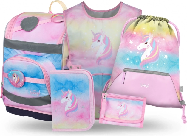 Baagl zestaw Zippy Plus Rainbow Unicorn: tornister, piórnik, worek, fartuszek, portfelik