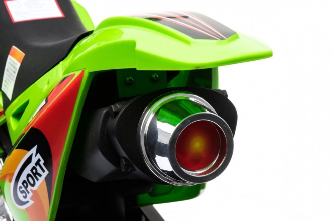 Dziecięcy elektryczny motocykl cross na akumulator – zielony, z kółkami pomocniczymi i światłami LED