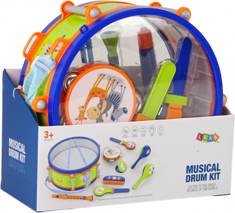Instrumenty muzyczne dla dzieci - zestaw bęben, tamburyn, flet, grzechotka, harmonijka, zwierzęta